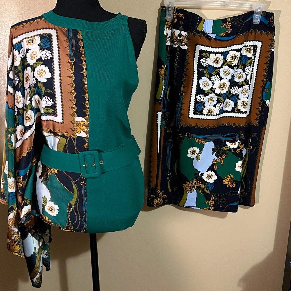 Elegant, Sexy one sleeve Multicolor belted Skirt set from New York and Company